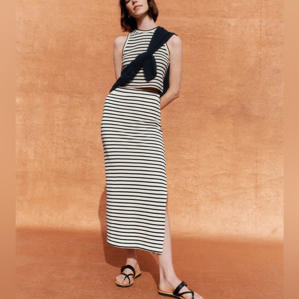 Splendid Whitney Stripe Terry Cotton Maxi Skirt Small Cream Navy Blue Color